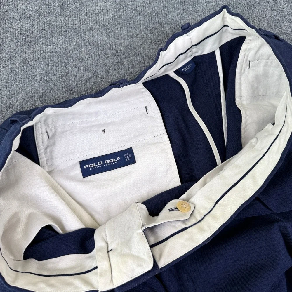 VTG Polo Golf Ralph Lauren Pants Mens 38x32 Blue Pleated Chino Cotton Silk Linen